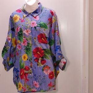 Calvin Klein Womens 1X Long Sleeve Floral Cottagecore Striped Button-up Blouse